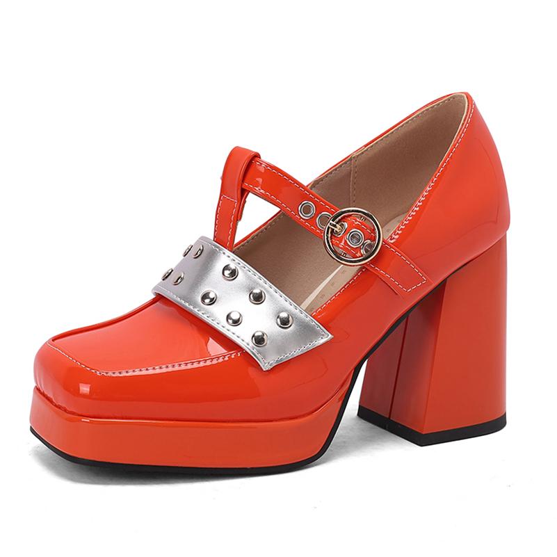 

ANNYMOLI Women Patent Leather Mary Janes Pumps Square Toe Block High Heels Buckle Rivets Platform Ladies Fashion Shoes Spring Autumn 39 помаранчевий