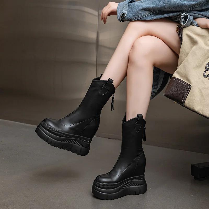 Fashion 12CM Microfiber Leather Women Vulcanized Increase Casual Ankle Boots Platform Wedge High Heels White Shoes ZIP Shoes