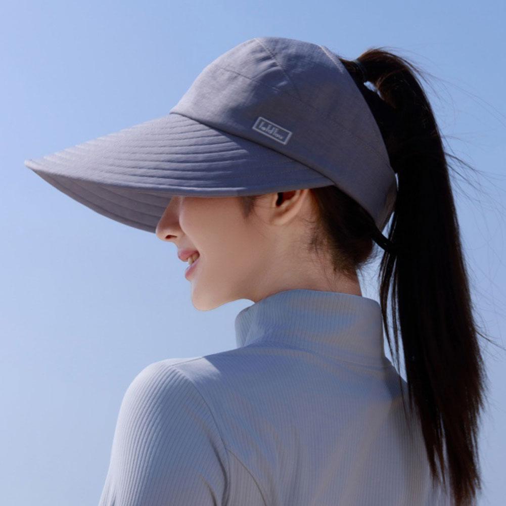 Women Empty Top Wide Brim Sun Hat Foldable Ponytail Cap UV Protection Windproof Hard Brim Adjustable Beach Riding Summer Hat