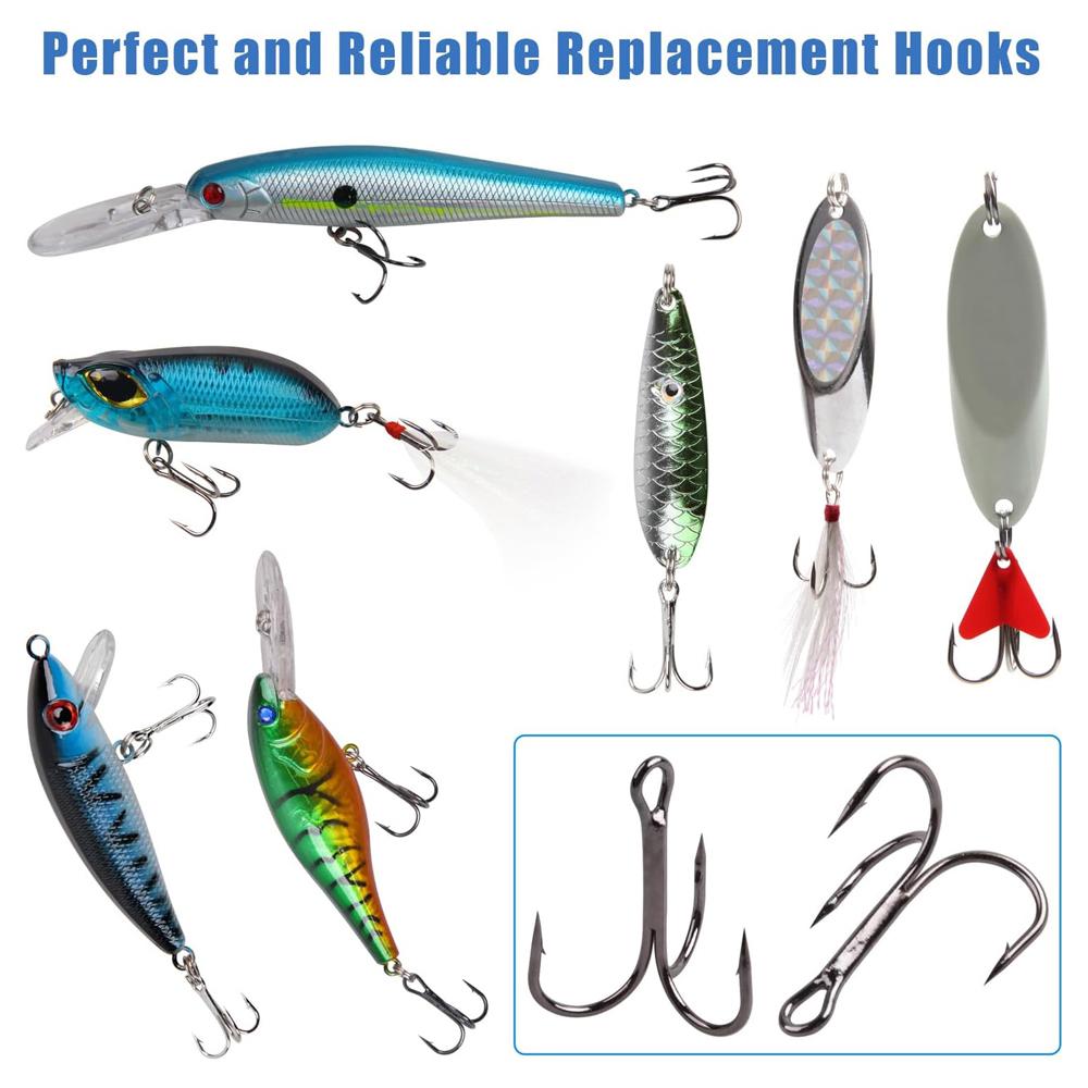 50Pcs/box Sharp Treble Fishing Hooks Set High Carbon Steel Barbed Wide Gap Round Bend Hooks for Lures/Baits Sizes 2#-14#