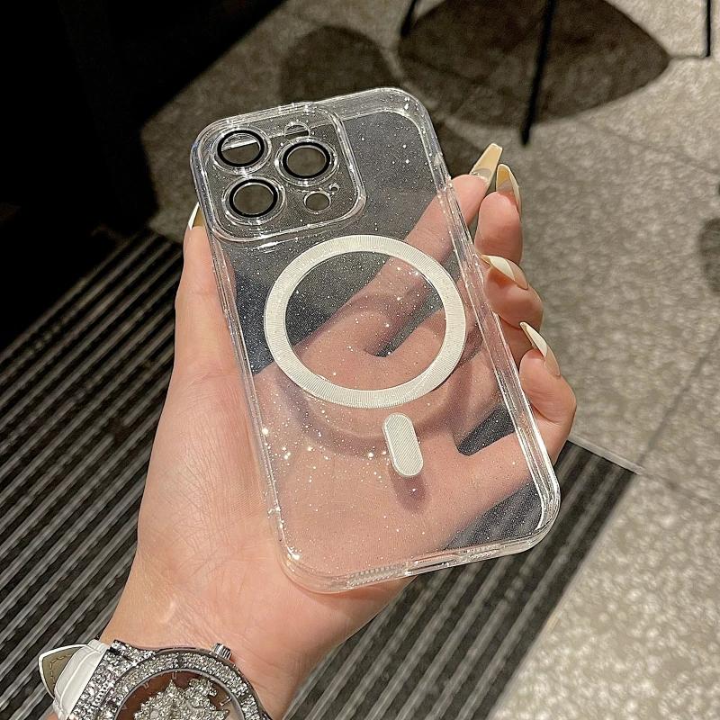 Luxusní třpytivé bezdrátové nabíjecí pouzdro MagSafe pro iPhone 15 14 13 12 11 ProMax nárazuvzdorné průhledné magnetické měkké nárazníkové pouzdro