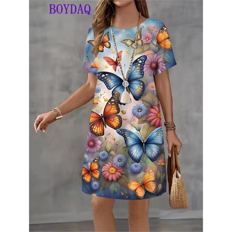 Vestito da Donna Stampa Farfalla Manica Corta Scollo a O Vestiti Moda Casual Harajuku Estate Autunno 2025 Abbigliamento da Festa Donna
