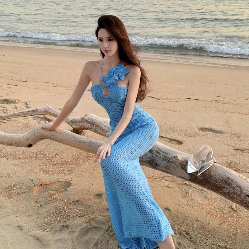 Hot Body Seaside Vacation Knitted Hollow Beach Dress Sexy Perspective Neck Spice Girl Hip Wrap Dress