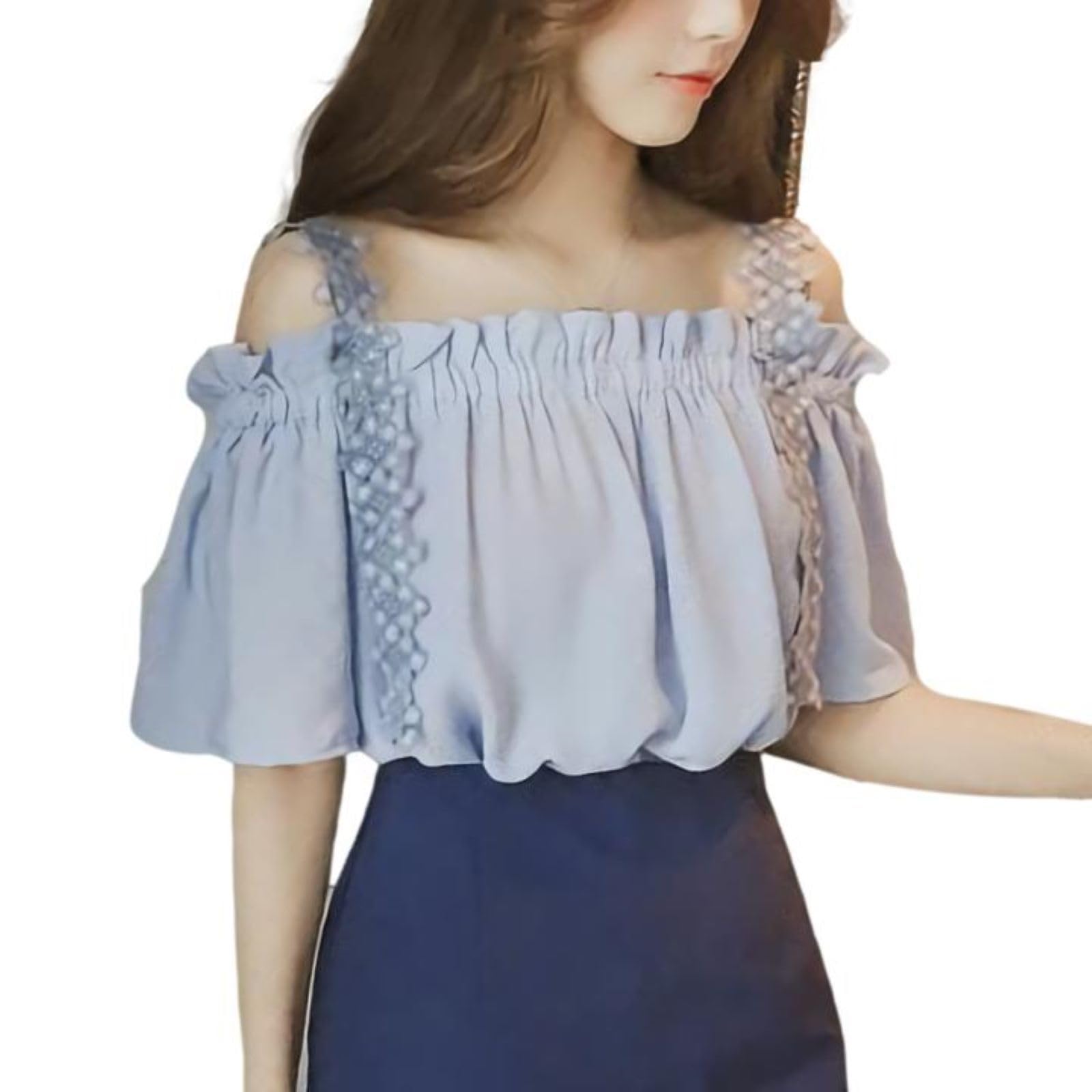 

Eve Evan Blouse with Flared and This pullover is slimming and made of Available in light blue Off-the-Shoulder Sleeves, Chiffon, Ruffles, Ribbon,