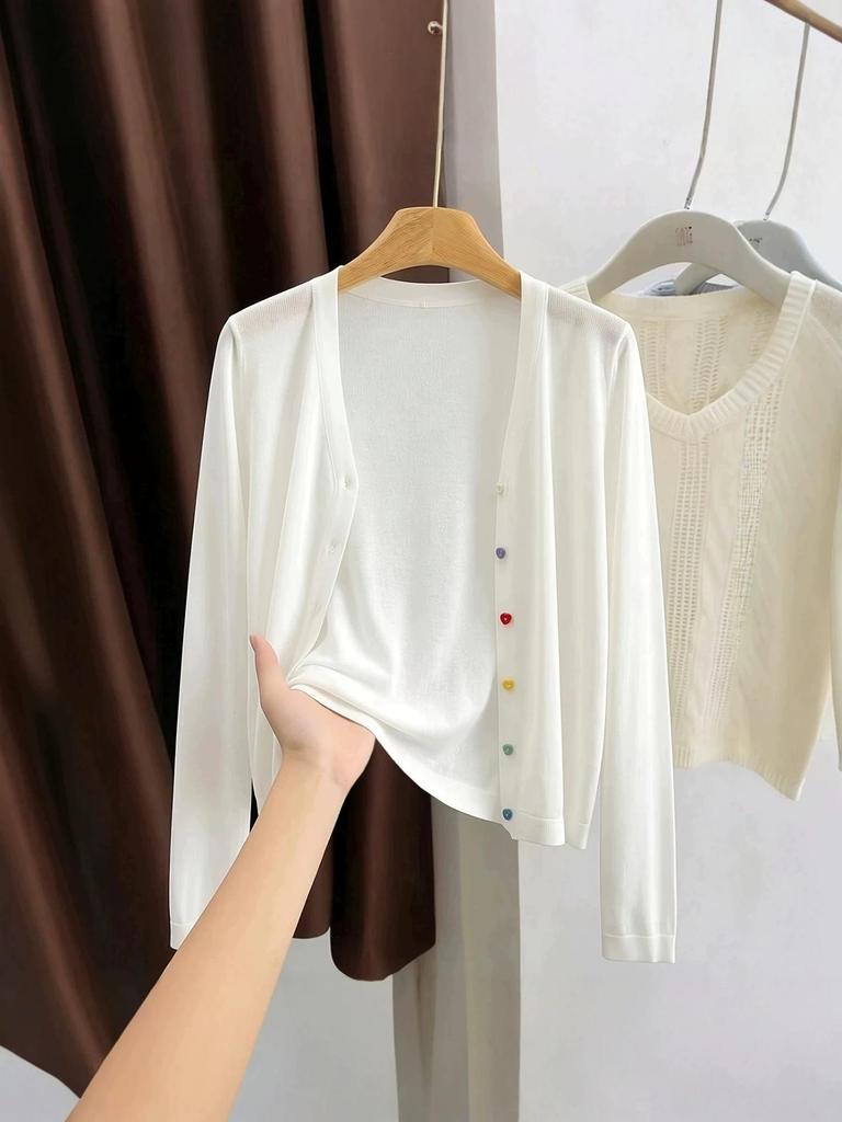 Women's V-Neck Rainbow Button Ice Silk Cardigan - Breathable Sun Protection Outerwear