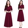 Women's Spring Solid Color Polo Neck Dress - Waist-Cinched, Elegant Style, Plus Size, Long Sleeve, Mid-Length, A-line Skirt.