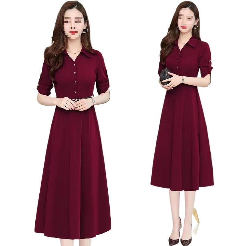 Women's Spring Solid Color Polo Neck Dress - Waist-Cinched, Elegant Style, Plus Size, Long Sleeve, Mid-Length, A-line Skirt.