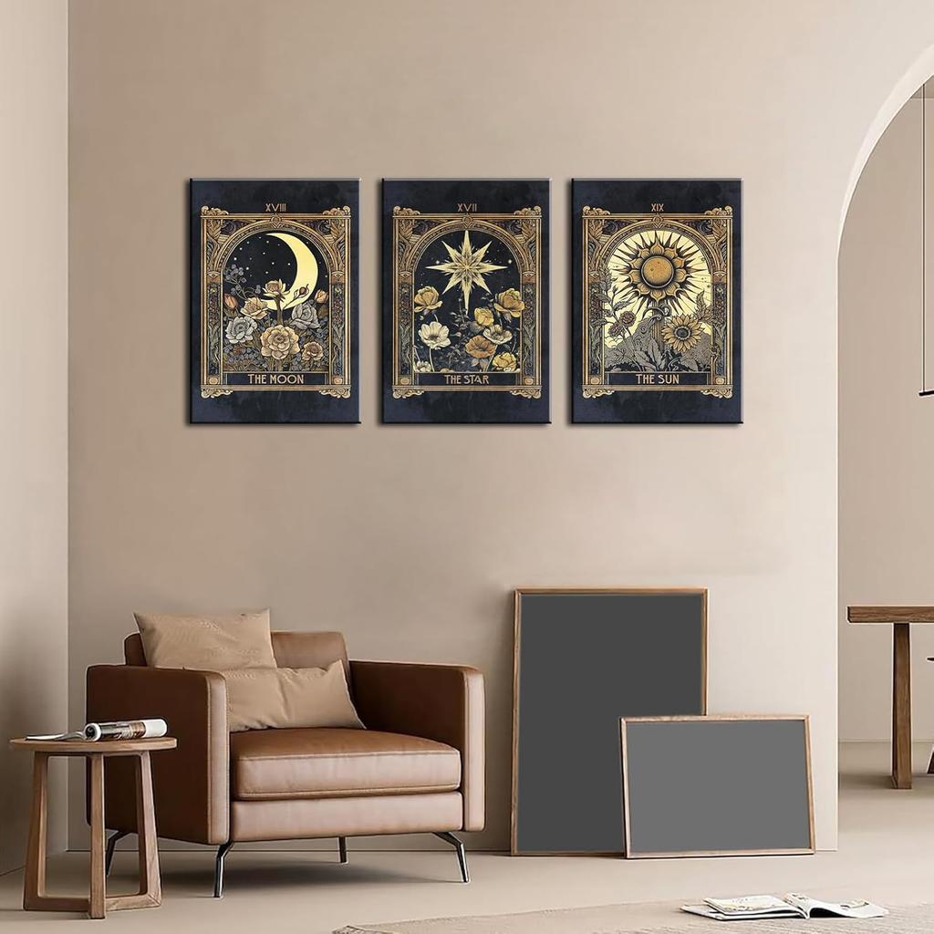 Tarot Cards Celestial Canvas Wall Art Set of 3 Boho Mystic Astrology Paintings Pictures Wall Decor Star Sun and Moon Posters Prints for Living Room