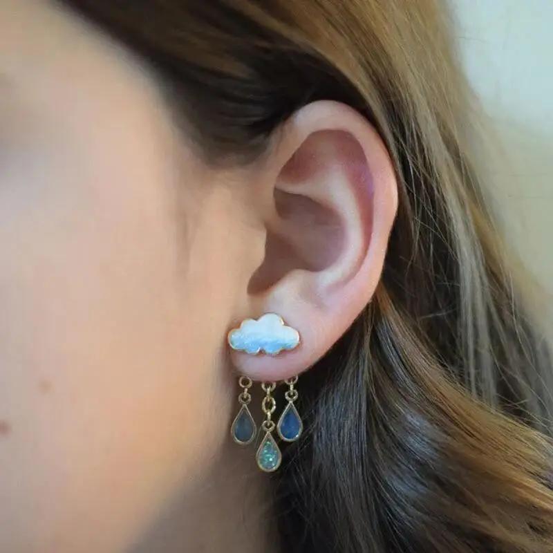 Whimsical Cloud Raindrop Earrings - Cute Pastel & Glitter Blue Drops Dangle Earrings for Women, featuring a delicate enamel cloud stud paired with United States
