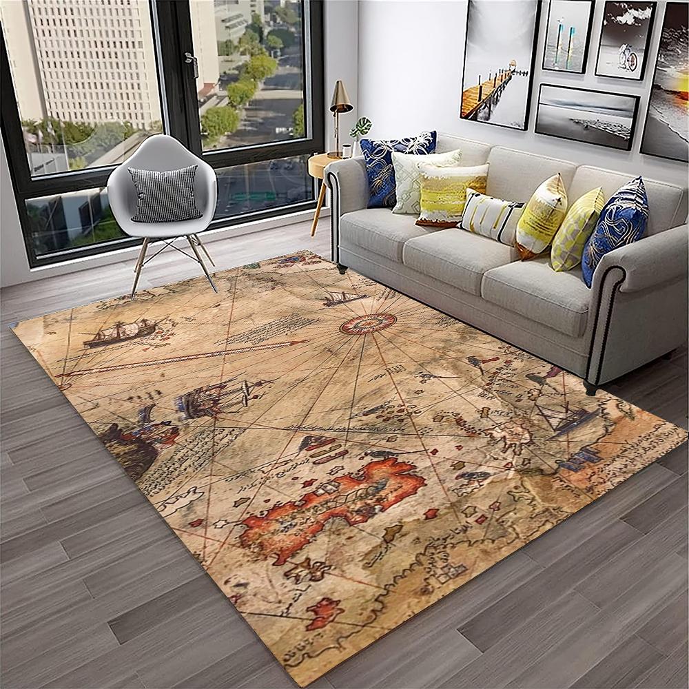 Retro Kompass Navigationskarte Teppich für Zuhause Wohnzimmer Schlafzimmer Sofa Fußmatte Dekor, Kinderspielbereich Teppich Rutschfeste Bodenmatte