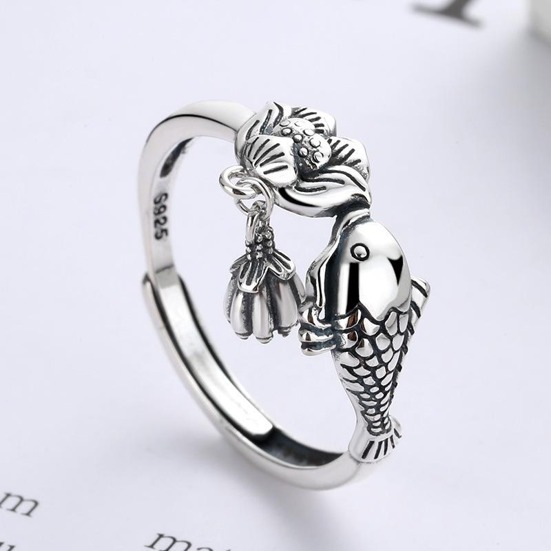 Lucky Fortune Koi Fish Ring, Ethnic Style, Abundant Fortune, Vintage Lotus Pod Open Ring, Direct Sale