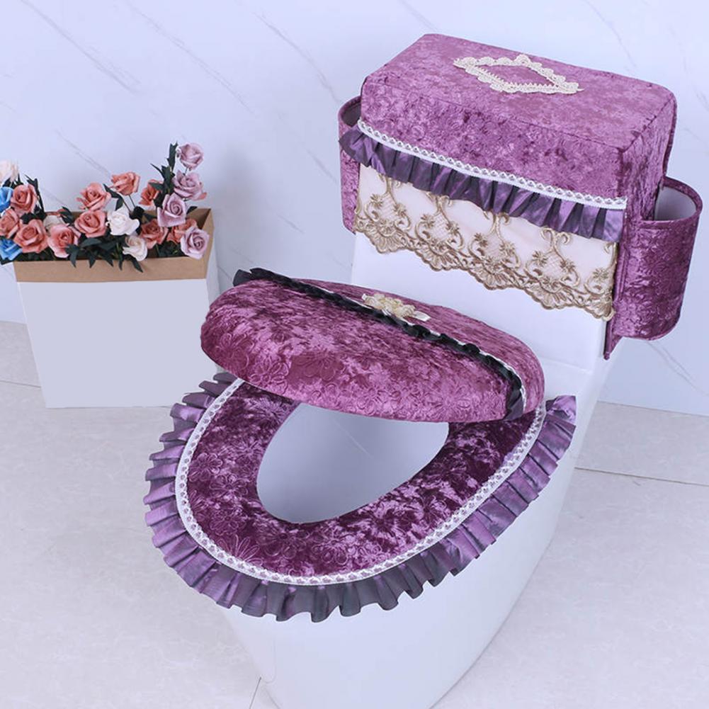 Soft Fabric Toilet Cover Luxurious Flannel Toilet Tank Cover with Lace Trim Side Pockets Soft Plush Toilet Lid for Ultimate