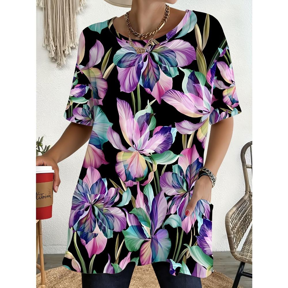 Women's Summer Short Sleeved T-shirt, 3D Printed Pocket T-shirt, Casual Plus Size T-shirt