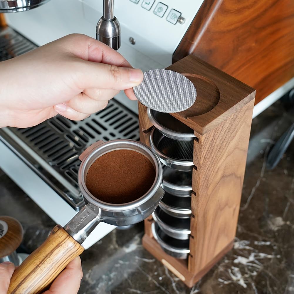 watchget Portafilter Basket Stand, Portafilter Basket Storage Rack, Espresso Pack Screen Storage, Coffee Tool, Fits 58mm Portafilter Baskets, Walnut