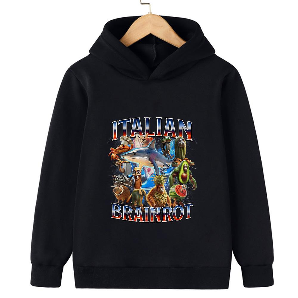 Italian Brainrot Character 2d Children's Hooded Sweatshirt Autumn and Winter Warm Boys and Girls Warm Sweatshirt Fun Ashionable