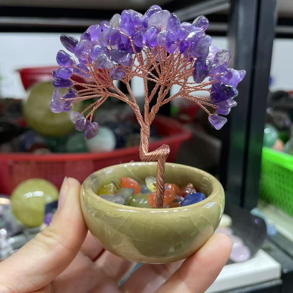 1PC Natural Crystal Tree Energy Stone Citrine Amethyst Money Tree Copper Wire Wrapped Colorful Teabowl Yoga Feng Shui Trees