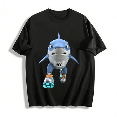 Fun No.67 Sport Shark Print Loose Casual Unisex Top Pure Cotton T-shirt