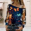 Plus Size Women Asymmetric Shoulder Long Sleeve Top Fantasy Butterfly Nature Print Mesh Lace Splicing Blouse