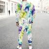 Men Plus Size Printed Navy Blue Round Neck Long Sleeve Top And Cuffed Pants Two Piece Sets