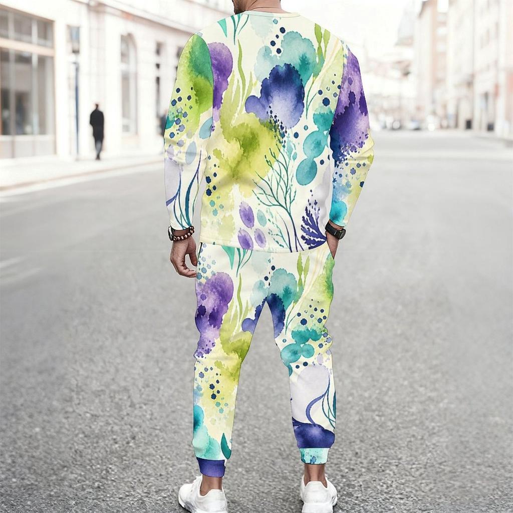 Men Plus Size Printed Navy Blue Round Neck Long Sleeve Top And Cuffed Pants Two Piece Sets