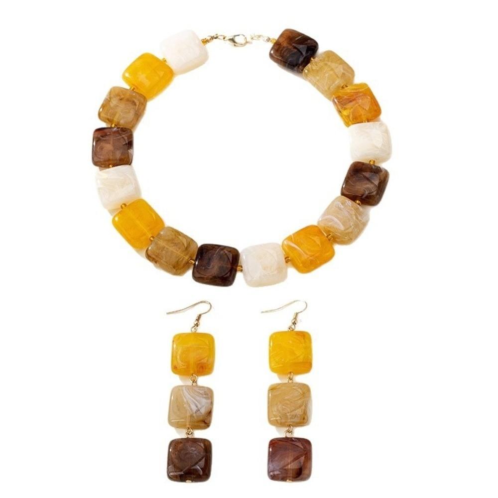 Amber Color Stud Earrings Resin Neck Chain Retro Necklace Earrings Set  Jewelry Gift Necklace Earring Set