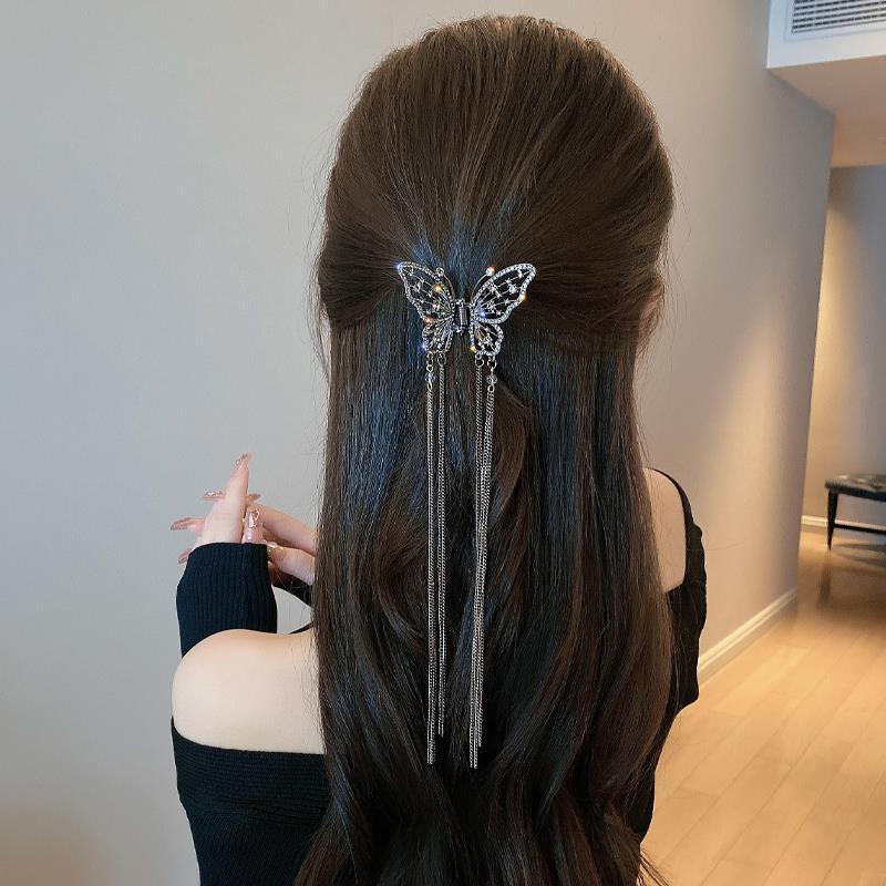 Trend Full Rhinestone Hollowed Out Butterfly Hair Clips Retro Pearl Tassel Ribbon Hair Claws Hairpins For Women Hair Accessories