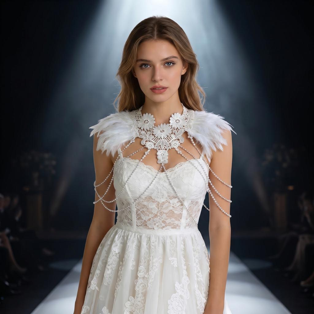 Lace Feather Shawl with Chain for Stage Performance and Fashion Costume