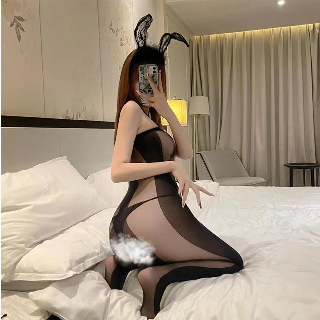 European and American jacquard mesh clothes open crotch onesie erotic underwear hollow sexy pajamas temptation B