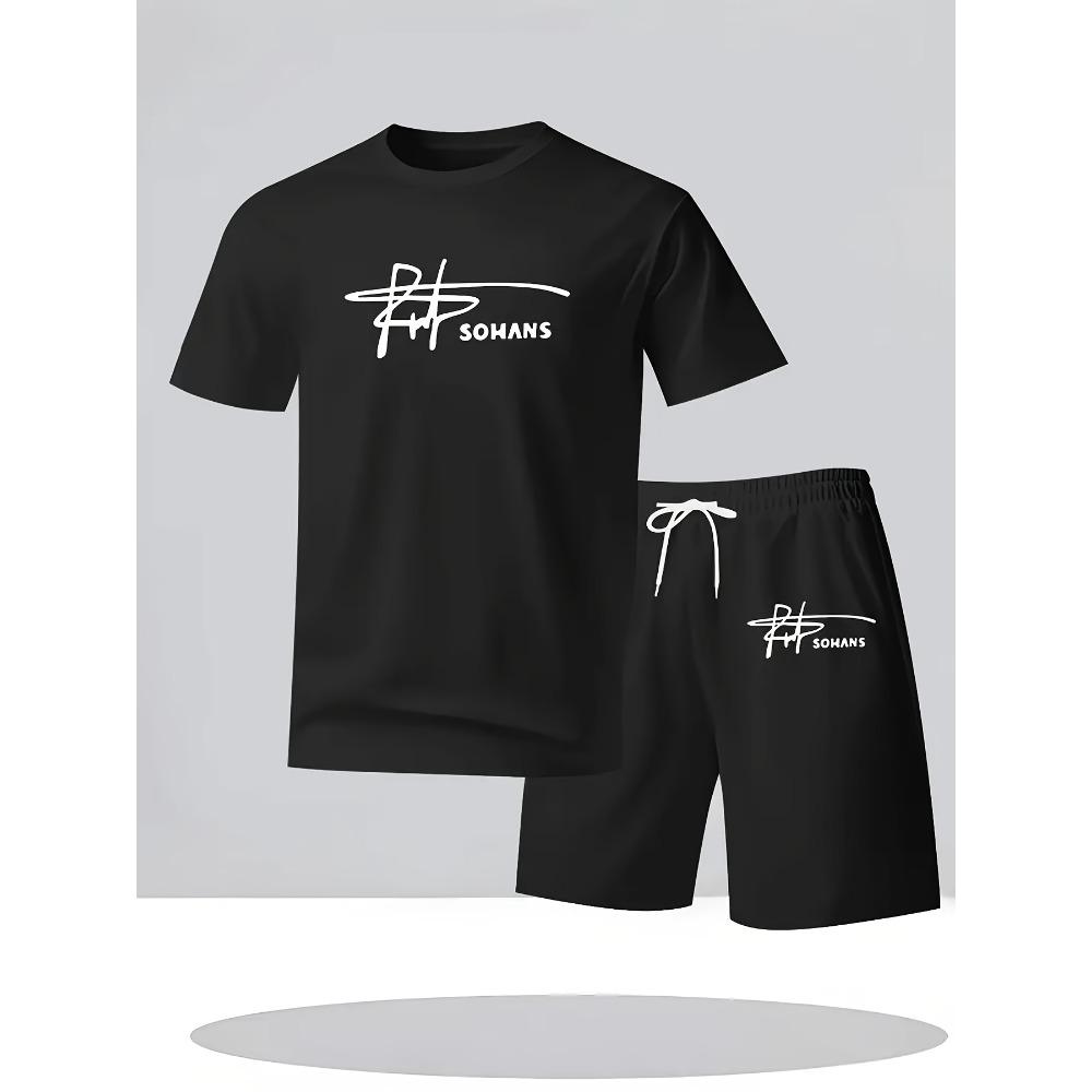 

Digital Print Summer Pattern Men s Casual Two-piece Set, Round Neck Short-sleeve T-shirt and Drawstring Shorts M чорний