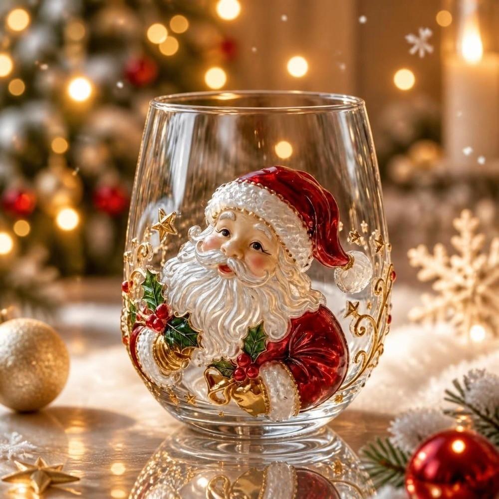 3D Embossed Christmas Wine Glass Reindeer Santa Claus Xmas Glass Cup Tree Snowman Raised Glassware Holiday Table Decor