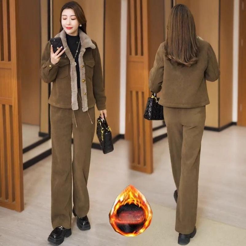 Corduroy Plus Velvet Thickening Suit Women's Autumn and Winter Fashionable Straight Pants Casual Warm Two-piece Set