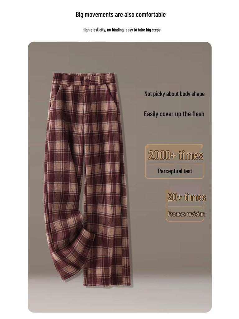 Women's Winter Plaid Wool High-Waisted Straight-Leg Cashmere Pants - Slimming, Loose, and Stylish