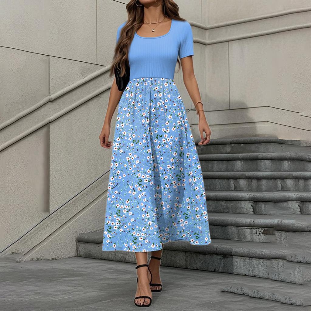 Women's Fashion Casual Short Sleeve Round Neck Splicing Floral Print Elegant Temperament Dress