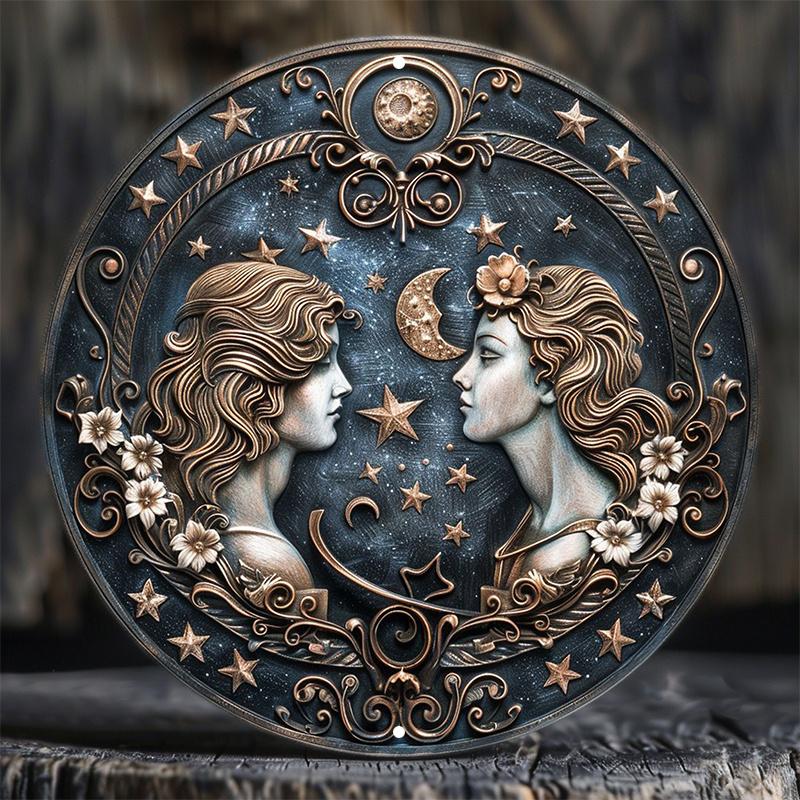 Gemini Zodiac Sign Round Wooden Sign - Wooden Wall Art with HD Printing, Weather Resistant, Pre-drilled for Easy Hanging