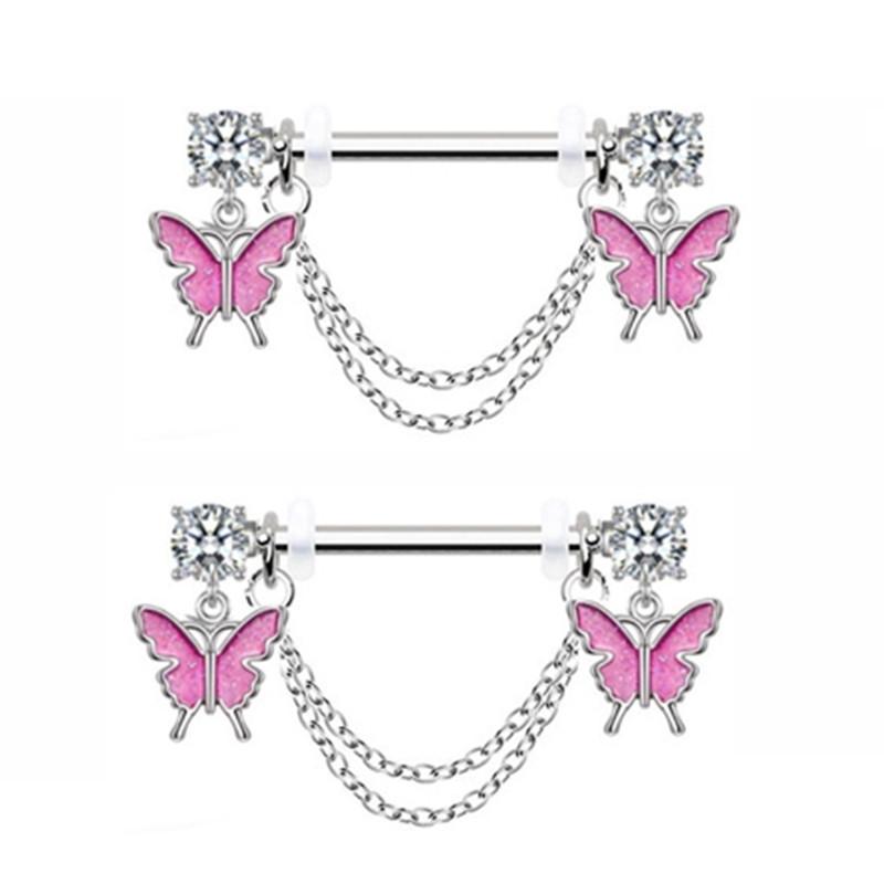 1Pair Pink Butterfly Nipple Piercing Jewelry Shiny Crystal Nipple Rings For Women Girls Heart Nipple Barbells Piercing Pezon