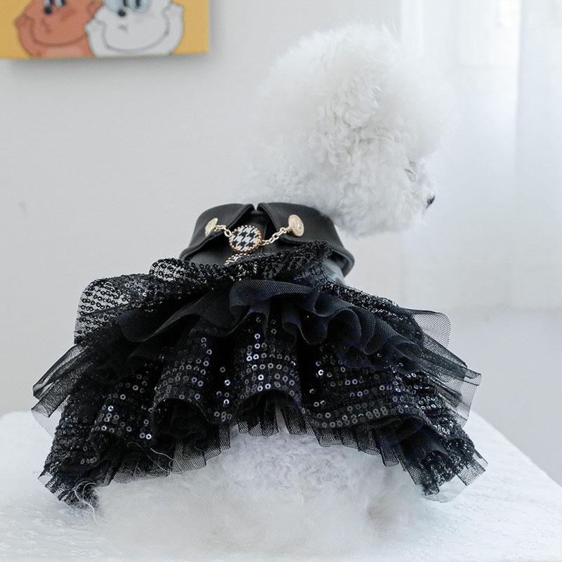 Black PU Dog Clothes Winter Luxury Leather Costume Clothing Warm Coat For Small Dogs Chiwawa Sequins Tulle Skirt Coats Jacket XS