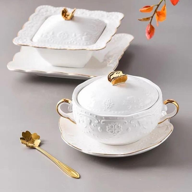 European Embossed Butterfly Ceramic Bowl with Lid & Double Handles, Breakfast, Dessert & Oatmeal Bowl