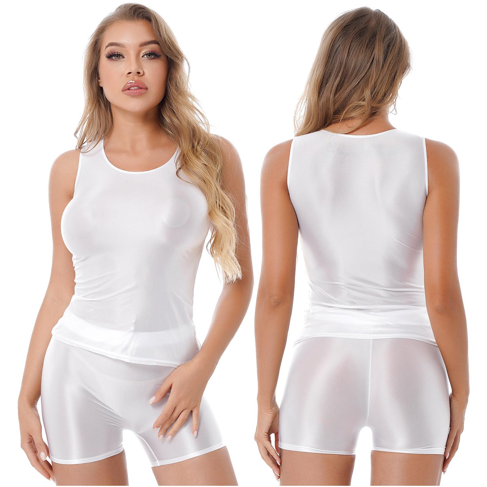 

Жіночий глянсовий гладкий спортивний одяг для йоги, комплект з двох предметів, купальник, одяг для сну, майка з шортами L білий