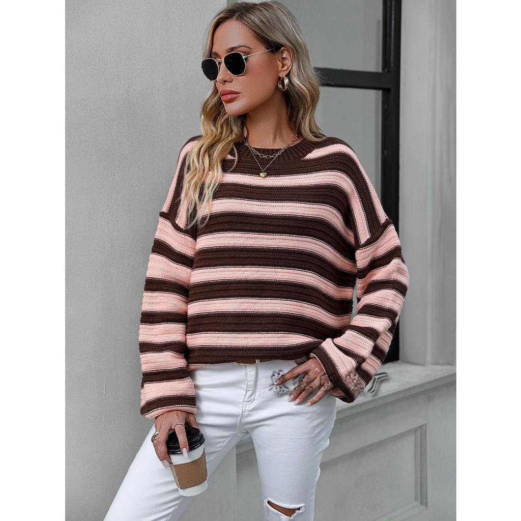 Women's Crew Neck Long Sleeve Sweater Loose Fit Casual Horizontal Stripe Acrylic Knit Pullover