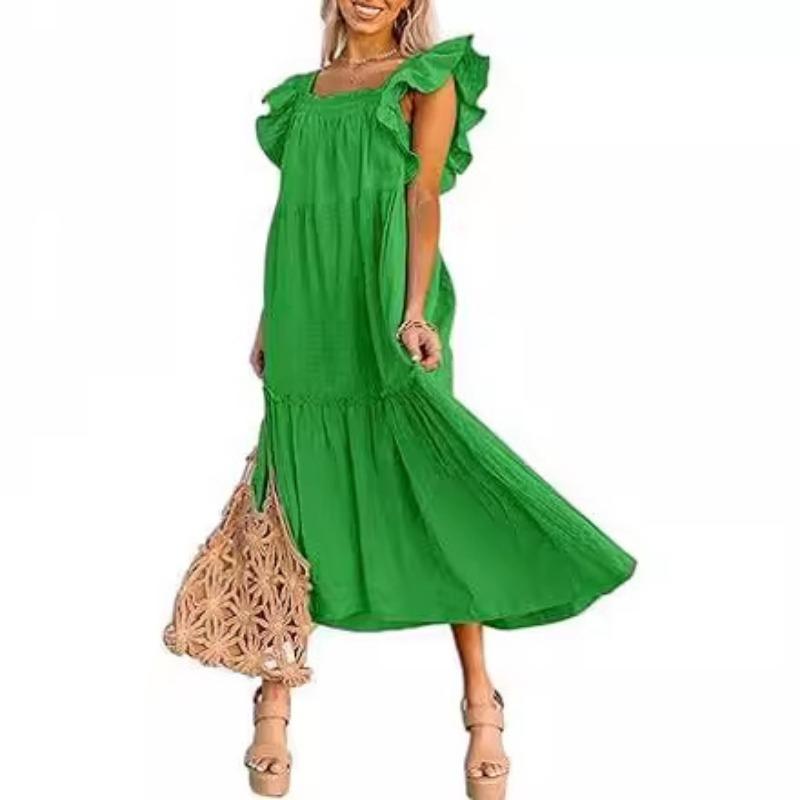 Summer Women's Dress Square Neck Short Sleeve Strapless Pleated Hem Dresses