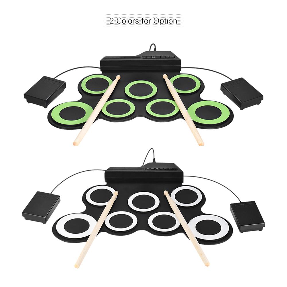 Compact Size Portable Digital Electronic Roll Up Drum Set Kit 7 Silicon Drum Pads USB Powered with Drumsticks Foot