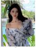 Women's Summer French V-neck Blue Floral Long Sleeve Chiffon Dress