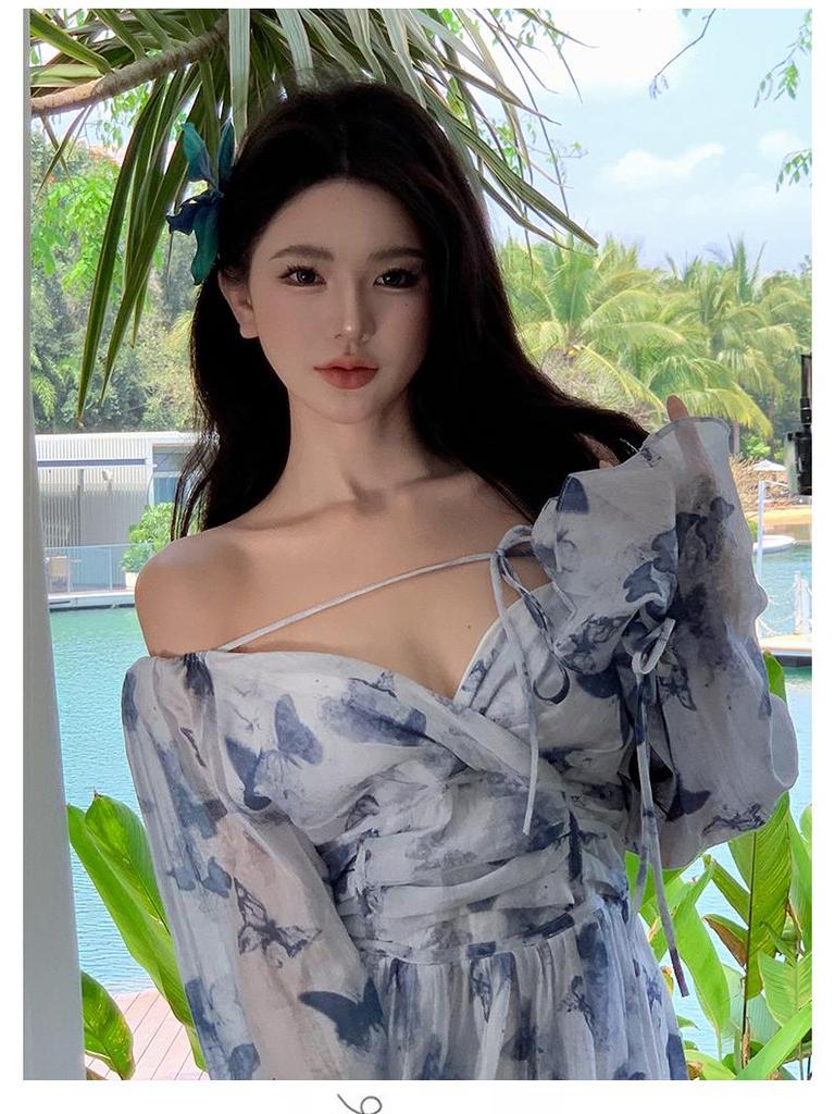 Women's Summer French V-neck Blue Floral Long Sleeve Chiffon Dress
