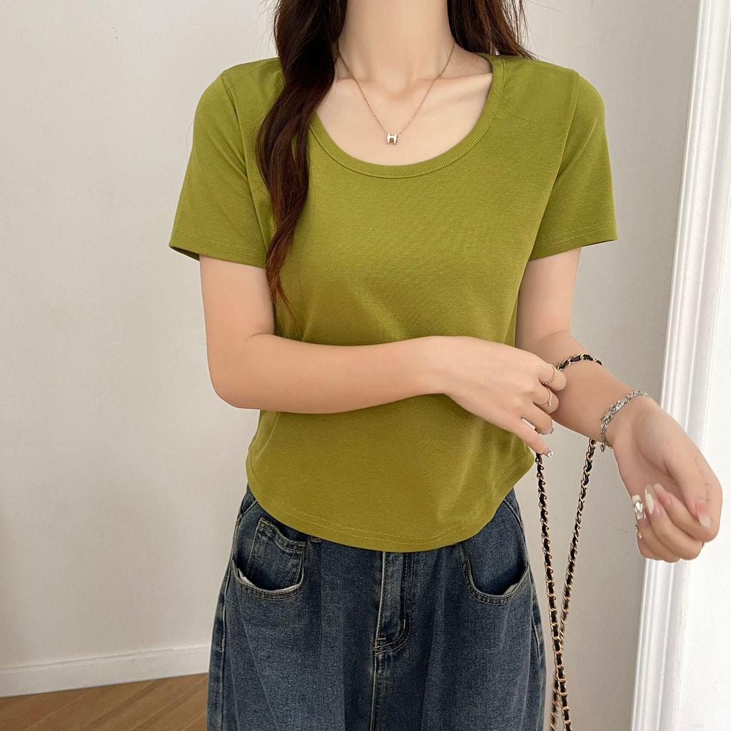 Women's Slim-Fit Pure Cotton U-Neck T-Shirt - Short Sleeve, Versatile Summer Outerwear