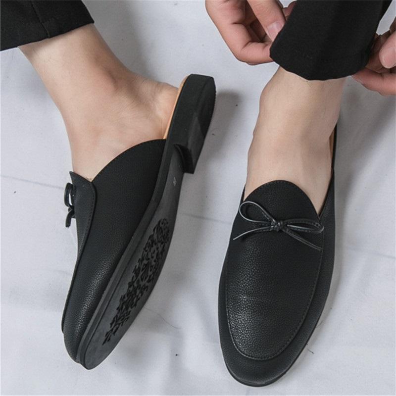 Fashion Designer New Men's Black Bowknot Half Slippers Driving Shoes Casual Pu Leather Mules Moccasins Breathable Loafers Zapatos Hombre