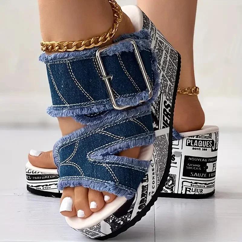 Women Sandals 2025 New Buckled Denim Platform Wedge Sandals Women Casual Vacation Daily Shoes Women Zapatos De Mujer