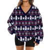 Women's Fashionable V-neck Christmas Printed Long Sleeved Casual Pullover Plush Warm Pocket Sweatshirt Top