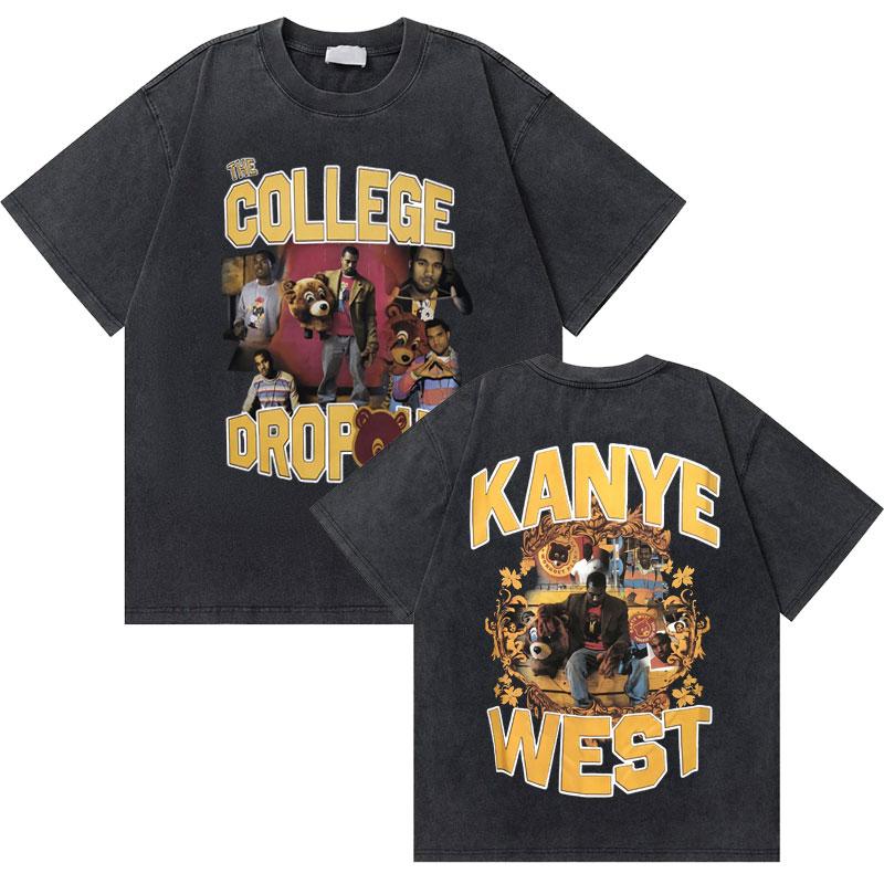 Washed Vintage Rapper Kanye West Graduation Bear Graphic T Shirt Men Pure Cotton Tshirt Mens Hip Hop Fashion Oversized Tshirt