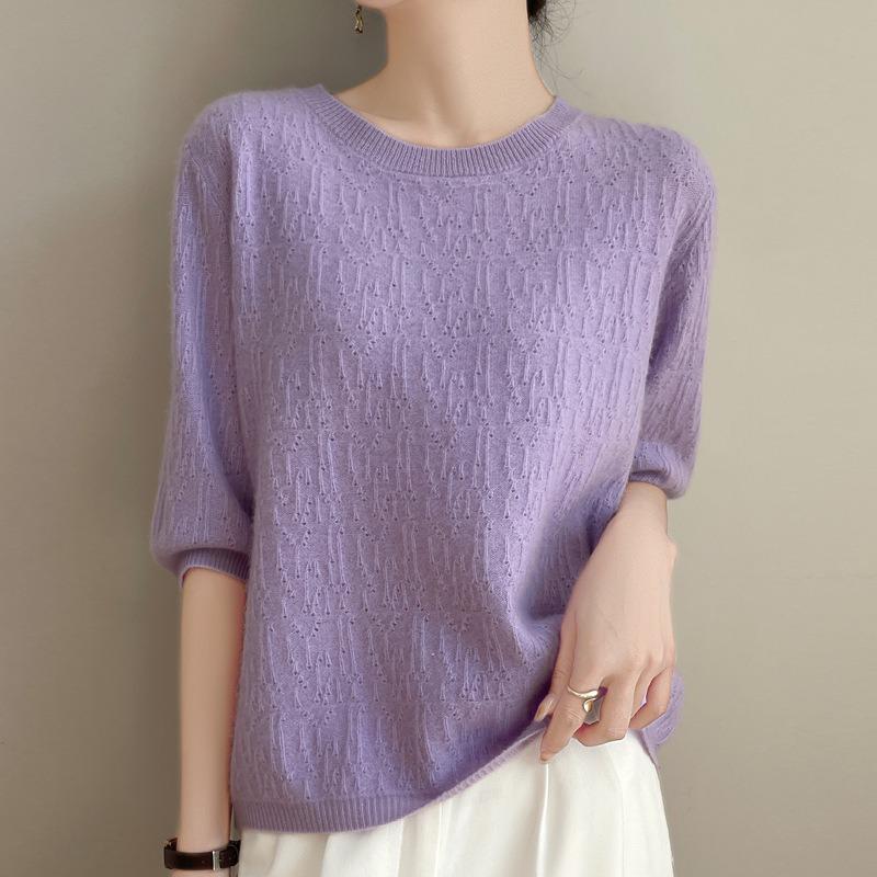 Women's Round Neck Knitwear Spring New Hollow Five-minute Sleeve Loose Pullover Bottoming Shirt Tops