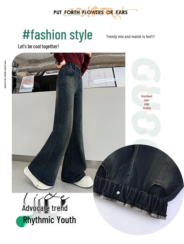 2025 New Korean Style Fleece Flared Pants for Girls - Autumn/Winter Elastic Straight-Leg for Middle School Students